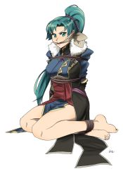 Rule 34 | 1girl, angry, arms behind back, barefoot, bdsm, blush, bondage, bound, bound wrists, breast bondage, breasts, cleave gag, cloth gag, female focus, fire emblem, fire emblem: the blazing blade, fire emblem awakening, gag, gagged, green eyes, green hair, highres, improvised gag, lipstick, long hair, lost one zero, lyn (fire emblem), makeup, nintendo, ponytail