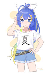 Rule 34 | 1girl, ahoge, alternate hairstyle, bare shoulders, belt, blonde hair, blue eyes, blue hair, blue shorts, bra strap, casual, clothes writing, collarbone, cropped legs, dated, facial mark, gradient hair, green hair, hand on own hip, hand up, hat, highres, long hair, looking at viewer, multicolored hair, musical note, off shoulder, otomachi una, otomachi una (spicy), ponytail, shirt, short sleeves, shorts, sidelocks, solo, streaked hair, suiso sn3, t-shirt, very long hair, vocaloid, white background, white shirt