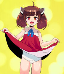 Rule 34 | 1girl, :3, absurdres, akai kuro, blue bow, blue bowtie, blush, bow, bowtie, brown hair, bubble background, clothes lift, dress, dress lift, headgear, highres, long hair, looking at viewer, open mouth, panties, red dress, red eyes, smile, standing, touhoku kiritan, twintails, underwear, voiceroid, white panties, yellow background