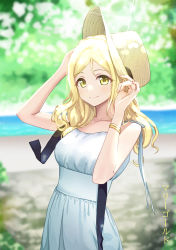 Rule 34 | 1girl, arms up, blonde hair, blurry, blurry background, blush, deadnooodles, dress, hat, highres, long hair, looking at viewer, love live!, love live! sunshine!!, ohara mari, outdoors, riverbank, sleeveless, sleeveless dress, smile, solo, sun hat, upper body, white dress, yellow eyes