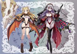 Rule 34 | 2girls, adapted costume, bare shoulders, blazing cartesia the virtuous, blonde hair, breasts, chaya mago, cleavage, detached sleeves, dragon wings, duel monster, ecclesia (yu-gi-oh!), facial mark, fake horns, forehead mark, full body, gauntlets, goggles, goggles around neck, grey hair, hair down, hammer, holding, holding hammer, holding sword, holding weapon, horns, incredible ecclesia the virtuous, long hair, low wings, medium breasts, multiple girls, pale skin, pointy ears, purple eyes, red eyes, shoes, skull, slingshot swimsuit, small breasts, socks, stomach, swimsuit, sword, thighhighs, veil, weapon, wings, yu-gi-oh!