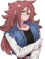 Rule 34 | 1girl, android 18, android 18 (cosplay), android 21, black-framed eyewear, black shirt, blue eyes, blue jacket, closed mouth, collarbone, commentary request, cosplay, denim, denim jacket, dragon ball, dragon ball fighterz, dragonball z, earrings, glasses, hoop earrings, jacket, jewelry, kemachiku, long hair, long sleeves, looking at viewer, red hair, shirt, simple background, solo, white background