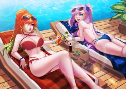 Rule 34 | 2girls, alternate costume, alternate hairstyle, ass, bare back, bikini, blue bikini, breast press, breasts, cleavage, cocktail, day, drink, eye contact, grin, holding, holding drink, hololive, hololive english, hololive indonesia, holomyth, holoro, large breasts, lens flare, long hair, looking at another, lying, medium breasts, multicolored hair, multiple girls, oakproud, on back, on stomach, one eye closed, orange hair, outdoors, pavolia reine, ponytail, pool, purple hair, red bikini, smile, sunglasses on head, swimsuit, takanashi kiara, toasting (gesture), topless, virtual youtuber, water, wink