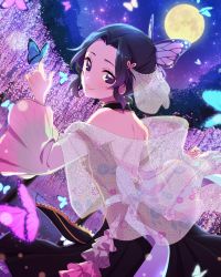 Rule 34 | 1girl, absurdres, backless dress, backless outfit, black dress, black hair, bug, butterfly, butterfly hair ornament, butterfly on hand, closed mouth, detached sleeves, dress, flower, from side, full moon, gradient hair, gradient sleeves, hair ornament, hako (gyhujikolp), highres, huge filesize, hydrangea, bug, kimetsu no yaiba, kochou shinobu, lens flare, long sleeves, looking at viewer, moon, multicolored hair, night, night sky, outdoors, pink flower, pink sleeves, purple eyes, purple hair, sash, short hair, shoulder blades, sky, sleeveless, sleeveless dress, smile, solo, standing, star (sky), starry sky, veil, white sleeves, wide sleeves
