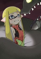 Rule 34 | bare shoulders, blank eyes, blonde hair, blue eyes, blunt bangs, clenched teeth, colored tongue, constriction, crooked teeth, crying, crying with eyes open, domino mask, flat chest, glowing, glowing eyes, high-visibility vest, highres, hime cut, horrorboros, inkling, inkling girl, inkling player character, jumpsuit, mask, nintendo, no pupils, orange jumpsuit, peril, pointy ears, purple sky, purple tongue, rxq, salmon run (splatoon), salmonid, scared, sky, splatoon (series), splatoon 3, sports bra, streaming tears, tears, teeth, tentacle hair, torn clothes, twintails
