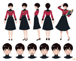 1girl arm_up belt black_footwear black_hair black_skirt book buckle character_sheet closed_eyes earrings hong_soon-sang jewelry long_skirt multiple_expressions multiple_views original red_shirt salute shirt short_hair skirt smile solo v-shaped_eyebrows witch