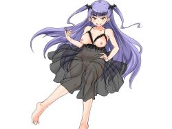 Rule 34 | 1girl, barefoot, blue hair, blush, fang, feet, hair ornament, twirling hair, hand on own hip, licking lips, long hair, looking at viewer, nightgown, red eyes, see-through, solo, toes, tongue, tongue out, topless, transparent background, twintails, vampire