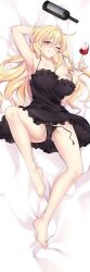 Rule 34 | 1girl, alcohol, arm behind head, arm up, arms up, black dress, black panties, blonde hair, blush, bottle, celica arfonia, closed eye, cup, dress, drinking glass, holding glass, long hair, looking at viewer, lying, on back, one eye closed, panties, red hair, rokudenashi majutsu koushi to akashic record, side-tie panties, smile, spread legs, tongue, tongue out, underwear, untied panties, wine, wine bottle, wine glass, wink