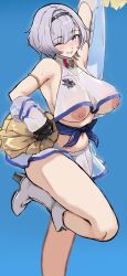Rule 34 | 1girl, absurdres, anchor symbol, arm strap, arm up, azur lane, bare shoulders, black hairband, blue background, blush, boots, breasts, cheerleader, crop top, eagle union (emblem), grey hair, hair between eyes, hairband, high heel boots, high heels, highres, holding, holding pom poms, knee boots, large breasts, looking at viewer, navel, nipples, no bra, nose blush, official alternate costume, one eye closed, pom pom (cheerleading), pom poms, purple eyes, purple sash, reno (azur lane), reno (biggest little cheerleader) (azur lane), ry (mmm st bbb2), sash, see-through, see-through shirt, see-through skirt, see-through sleeves, shirt, short hair, sidelocks, simple background, skirt, sleeveless, smile, solo, standing, standing on one leg, stomach, sweat, white footwear, white shirt, white skirt