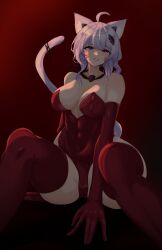 Rule 34 | 1girl, absurdres, ahoge, alternate breast size, animal ear fluff, animal ears, bare shoulders, breasts, cape, cat ears, cat girl, cat tail, cosplay, elbow gloves, facial mark, gloves, highleg, highleg leotard, highres, indie virtual youtuber, large breasts, leotard, long hair, looking at viewer, purple hair, red background, red eyes, red gloves, red leotard, red thighhighs, second-party source, shyrei faolan, sitting, solo, tail, thighhighs, vampire mansion, vanko (vank0a), virtual youtuber, whisker markings