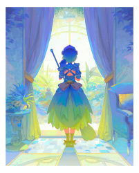 Rule 34 | 1girl, absurdres, armchair, armor, border, bow, broom, bush, chair, curtains, dress, facing away, flower, from behind, full body, genshin impact, highres, holding, holding broom, indoors, limited palette, maid headdress, noelle (genshin impact), pauldrons, pillow, plant, potted plant, rose, shoes, short hair, shoulder armor, single pauldron, socks, solo, standing, table, waist bow, white border, window, yousun