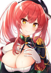 Rule 34 | 1girl, azur lane, black dress, black headwear, blush, breasts, cleavage, commentary request, dress, epaulettes, gloves, hair between eyes, hands on own chest, head tilt, heart, highres, large breasts, long hair, looking at viewer, nenobi (nenorium), red hair, simple background, smile, solo, twintails, upper body, white background, white gloves, yellow eyes, zara (azur lane)