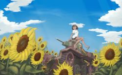 Rule 34 | 1girl, ^ ^, artist name, aung (girls und panzer), blue sky, breasts, brown hair, closed eyes, cloud, facepaint, field, flower, flower field, g0urmand, girls und panzer, girls und panzer ribbon no musha, military, military vehicle, motor vehicle, shirt, shoe dangle, short hair, sky, small breasts, smile, solo, sunflower, sunflower field, tan, tank, twitter username, vehicle request, white shirt