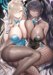 Rule 34 | 2girls, absurdres, animal ears, ass, asuna (blue archive), asuna (bunny) (blue archive), asymmetrical docking, bare shoulders, been, black hair, black leotard, black pantyhose, blue archive, blue bow, blue bowtie, blue eyes, blue leotard, bow, bowtie, breast press, breasts, card, cleavage, dark-skinned female, dark skin, detached collar, expressionless, fake animal ears, fake tail, fishnet pantyhose, fishnets, gloves, hair between eyes, hair over one eye, halo, highres, holding, huge breasts, karin (blue archive), karin (bunny) (blue archive), leotard, light brown hair, long hair, looking at viewer, mole, mole on breast, multiple girls, official alternate costume, pantyhose, playboy bunny, playing card, revision, sitting, smile, tail, thighband pantyhose, very dark skin, very long hair, white gloves, yellow eyes