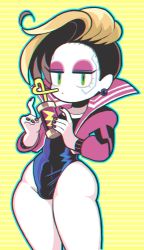 Rule 34 | 1futa, black hair, blonde hair, bulge, choker, chromanticore model, commentary, crazy straw, cup, cyberpunk, cyberpunk (series), cyberpunk 2077, drinking straw, earrings, erection, erection under clothes, futanari, gashi-gashi, green eyes, heart straw, highleg, highleg leotard, highres, jewelry, leotard, multicolored hair, nail polish, one-piece swimsuit, solo, striped, swimsuit, symbol-only commentary, two-tone hair, yellow background