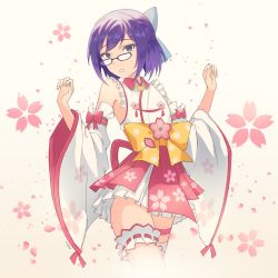 Rule 34 | 1girl, a-chan (hololive), alternate hair color, ark ford, artist name, blue bow, blue eyes, bow, cherry blossoms, cosplay, cowboy shot, detached sleeves, falling petals, glasses, hair between eyes, hands up, highres, hololive, looking at viewer, nontraditional miko, parted lips, petals, purple hair, ribbon-trimmed garter, sakura miko, sakura miko (1st costume), sakura miko (cosplay), short hair, skirt, solo, thighhighs, thighs, tsurime, virtual youtuber, w arms, white background, white skirt, white thighhighs, wide sleeves, yellow bow