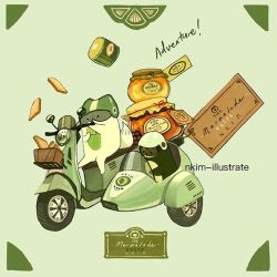 Rule 34 | 2others, animal, artist name, bad id, bad twitter id, bird, bread slice, eating, english text, food, fox, full body, green theme, helmet, label, marmalade, motor vehicle, motorcycle, motorcycle helmet, multiple others, nadia kim, no humans, original, scooter, sidecar, simple background, text focus, toast, vehicle, vespa