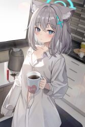 Rule 34 | 1girl, :o, blue archive, blue eyes, breasts, bright pupils, button gap, coffee, commentary request, cross hair ornament, cup, hair ornament, highres, holding, holding cup, kitchen, looking at viewer, mismatched pupils, nannung, navel, off shoulder, shiroko (blue archive), shirt, sleeves past fingers, sleeves past wrists, small breasts, solo, white pupils, white shirt