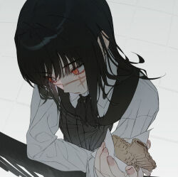 Rule 34 | 1girl, against fence, black hair, black ribbon, chainsaw man, closed mouth, fence, food, holding, holding food, long hair, long sleeves, looking to the side, napkin, red eyes, ribbon, scar, scar on face, scar on nose, solo, taiyaki, wagashi, wanke, yoru (chainsaw man)