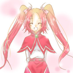 Rule 34 | 1girl, capelet, closed eyes, happy, long hair, lowres, open mouth, red hair, ribbon, rommy, skirt, tales of (series), tales of the tempest, twintails