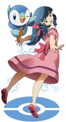 Rule 34 | blue eyes, blue hair, bow, creatures (company), dawn (pokemon), dress, drill hair, game freak, gen 4 pokemon, long hair, looking back, nintendo, olm (studio), pink dress, pink footwear, piplup, poke ball symbol, pokemon, pokemon (anime), pokemon (creature), pokemon dp026, pokemon dppt (anime), ponytail, simple background, star (symbol), suitenan