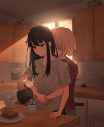 Rule 34 | 2girls, absurdres, arms around waist, black hair, blonde hair, bob cut, bread slice, cabinet, chxoswolf, closed eyes, commentary, couple, cup, electrical outlet, english commentary, food, grey shirt, hand on table, highres, hot drink, hug, hug from behind, indoors, inoue takina, jewelry, kitchen, light rays, light smile, lycoris recoil, lying, morning, mug, multiple girls, nishikigi chisato, plate, pouring, purple eyes, red shirt, ring, shirt, short hair, short sleeves, sidelocks, signature, sunbeam, sunlight, t-shirt, toast, upper body, wedding ring, wife and wife, window, yuri