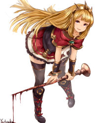 Rule 34 | 10s, 1girl, artist name, bent over, black footwear, black thighhighs, blood, boots, bow, cagliostro (granblue fantasy), capelet, collarbone, full body, granblue fantasy, hairband, holding, long hair, miniskirt, nail, open mouth, red bow, red skirt, simple background, skirt, smile, solo, thighhighs, white background, yatsuka (846), zettai ryouiki