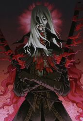 Rule 34 | 1girl, artist name, ascot, blonde hair, blood, blood from mouth, blood on clothes, blood on face, bloodborne, bloody weapon, coat, double-blade, dual wielding, gem, hair over one eye, highres, holding, lady maria of the astral clocktower, long hair, looking at viewer, lowstrear, one eye covered, rakuyo (bloodborne), solo, sword, weapon, white eyes