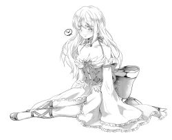 Rule 34 | 1girl, blush, breasts, cleavage, closed mouth, commentary request, corset, detached sleeves, dress, frilled dress, frilled sleeves, frills, full body, greyscale, hair between eyes, high heels, highres, large breasts, long hair, looking at viewer, love morocc, monochrome, official alternate costume, ragnarok online, simple background, sitting, sleeveless, sleeveless dress, smile, solo, wanderer (ragnarok online), wide sleeves, yokozuwari