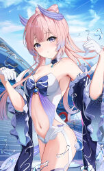 1girl absurdres bare_shoulders blue_bow blue_hair blue_sky bow breasts choker cleavage cloud commentary cowboy_shot day detached_sleeves genshin_impact gloves gradient_hair highres korean_commentary looking_at_viewer mixed-language_commentary multicolored_hair navel paid_reward_available pink_hair purple_eyes sangonomiya_kokomi sky solo standing stomach strapless thighs white_gloves yeni1871