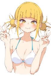 Rule 34 | 1girl, bad id, bad twitter id, bare shoulders, bikini, blonde hair, blunt bangs, blush, boku no hero academia, breasts, cleavage, collarbone, commentary, cropped torso, double bun, double v, fang, grin, hair bun, halterneck, hands up, highres, looking at viewer, medium breasts, messy hair, rasusurasu, short hair with long locks, sidelocks, simple background, smile, solo, straight hair, swimsuit, teeth, toga himiko, tsurime, upper body, v, v-shaped eyebrows, white background, white bikini, yellow eyes