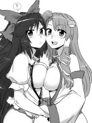 Rule 34 | 2girls, :d, ?, bare shoulders, blush, bottomless, bow, breast press, breasts, breasts out, cheek-to-cheek, cleavage, female focus, greyscale, hair bow, hair tubes, holding hands, heads together, highres, itou yuuji, kochiya sanae, large breasts, long hair, looking at viewer, monochrome, multiple girls, open clothes, open mouth, open shirt, reiuji utsuho, shirt, sketch, smile, symmetrical docking, touhou, very long hair, yuri