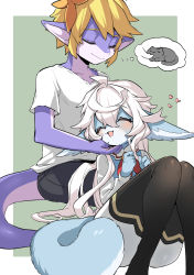 Rule 34 | 1boy, 1girl, animal ears, black thighhighs, blonde hair, blouse, blush, body fur, cat, cat ears, cat tail, closed eyes, colored skin, dragon tail, furry, highres, open mouth, original, purple skin, shirt, smile, stroking another&#039;s chin, tail, thighhighs, thought bubble, white hair, white shirt, yadayada