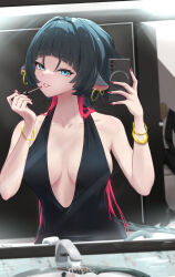 1girl 1other applying_makeup bare_arms bare_shoulders black_dress black_hair blue_eyes blunt_bangs commentary_request dress earrings faucet gixtsuki highres hoop_earrings jane_doe_(zenless_zone_zero) jewelry long_hair looking_at_viewer mirror mixed-language_commentary plunging_neckline reflection reflection_focus selfie sleeveless sleeveless_dress very_long_hair zenless_zone_zero