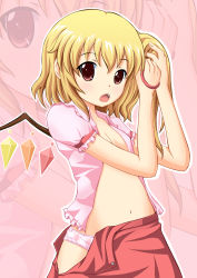Rule 34 | 1girl, adjusting hair, blonde hair, dressing, female focus, flandre scarlet, flat chest, highres, navel, neats, no headwear, no headwear, open clothes, open mouth, open shirt, open skirt, panties, pink panties, red eyes, shirt, side ponytail, skirt, solo, touhou, tying hair, underwear, wings, zoom layer