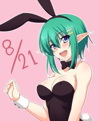Rule 34 | animal ears, blue eyes, bow, bowtie, breasts, character request, detached collar, elf, fake animal ears, green hair, open mouth, playboy bunny, pointy ears, rabbit ears, rabbit tail, short hair, smile, surume (clavis), tail, wrist cuffs