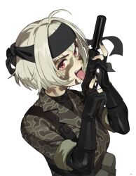 Rule 34 | 1girl, ahoge, black nails, breasts, gloves, grey hair, gun, handgun, highres, holding, holding gun, holding weapon, indie virtual youtuber, long sleeves, looking at viewer, medium breasts, metal gear (series), metal gear solid 3: snake eater, military, military uniform, mk 22 mod 0, nail polish, open mouth, optionaltypo, red eyes, s&amp;w model 39, saruei (vtuber), scar, scar across eye, smith &amp; wesson, solo, suppressor, uniform, virtual youtuber, weapon