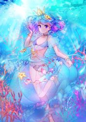 Rule 34 | 1girl, :o, absurdres, air bubble, animal, bikini, blue gemstone, blue hair, bracelet, breasts, bubble, chain, choker, clownfish, collarbone, coral, crown, fish, frills, gem, hand in own hair, highres, jellyfish, jewelry, jksh5056, leg up, light rays, looking at viewer, multicolored hair, navel, original, personification, purple bikini, purple eyes, purple hair, see-through, shell, small breasts, solo, sparkle, starfish, sunlight, swimsuit, two-tone hair, underwear, water, wrist cuffs