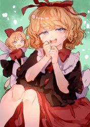 Rule 34 | 2girls, black shirt, blonde hair, blouse, bow, crying, crying with eyes open, fairy wings, feet out of frame, green background, hair bow, hair ribbon, hands up, highres, looking at viewer, medicine melancholy, medium hair, multiple girls, red bow, red ribbon, red skirt, ribbon, risui (suzu rks), shirt, short sleeves, skirt, su-san, tears, touhou, wings