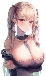 Rule 34 | 1girl, absurdres, arm support, arm under breasts, azur lane, bare shoulders, black bow, black dress, blonde hair, blush, bow, breast rest, breasts, cleavage, detached collar, dress, formidable (azur lane), frown, hair between eyes, hair bow, hand up, highres, holding own arm, large breasts, long hair, looking at viewer, mella (mell a12), nail polish, off-shoulder dress, off shoulder, red eyes, red nails, solo, twintails, upper body, very long hair