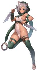 Rule 34 | 1girl, :o, animal ear fluff, animal ears, bare shoulders, blue eyes, blush, breasts, covered navel, dark-skinned female, dark skin, dress, dual wielding, full body, grey hair, highleg, highleg dress, highres, holding, holding weapon, hood, hood up, leg up, looking at viewer, momera, open mouth, original, short hair, sideboob, small breasts, solo, standing, standing on one leg, transparent background, v-shaped eyebrows, weapon, white dress