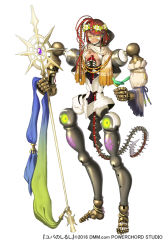Rule 34 | 1girl, android, beads, bird, dark skin, dark-skinned female, dmm, full body, green eyes, head wreath, jewelry, joints, looking at viewer, necklace, official art, red hair, robot joints, smile, solo, staff, tail, white background, yuba no shirushi, zenmaibook