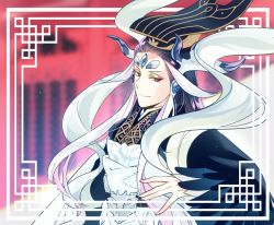 Rule 34 | 1boy, bad id, bad pixiv id, blue hair, chinese clothes, eyeshadow, fabulous, fate/grand order, fate (series), forehead jewel, hair ornament, hat, hinoya, long hair, looking at viewer, makeup, male focus, multicolored hair, red eyes, shi huang di (fate), shi huang di (third ascension) (fate), simple background, smile, solo, upper body, very long hair, white hair