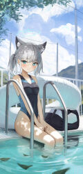 Rule 34 | 1girl, absurdres, animal ear fluff, animal ears, black one-piece swimsuit, blue archive, blue eyes, blue halo, blue sky, breasts, bright pupils, closed mouth, cloud, commentary request, competition swimsuit, day, grey hair, halo, hidulume, highres, looking at viewer, medium breasts, mismatched pupils, official alternate costume, one-piece swimsuit, outdoors, pool, shiroko (blue archive), shiroko (swimsuit) (blue archive), short hair, sitting, sky, smile, solo, swimsuit, thighs, twintails, water, white pupils