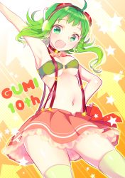Rule 34 | 1girl, anniversary, arm up, armpits, bra, breasts, character name, collar, commentary, cowboy shot, frilled skirt, frills, goggles, goggles on head, green eyes, green hair, gumi, hand on own hip, headphones, highres, kawahara chisato, looking at viewer, medium breasts, midriff, navel, open mouth, orange skirt, red-tinted eyewear, skirt, smile, solo, star (symbol), star in eye, strapless, strapless bra, suspender skirt, suspenders, symbol in eye, thighhighs, tinted eyewear, underboob, underwear, vocaloid