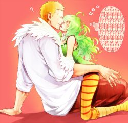 Rule 34 | 1boy, 1girl, ?, ahoge, bird legs, blush, den   r, donquixote doflamingo, earrings, closed eyes, feathered wings, green hair, harpy, heart, hetero, jewelry, kiss, kneeling, long hair, monet (one piece), monster girl, one piece, sitting, tank top, thought bubble, translated, wavy hair, winged arms, wings