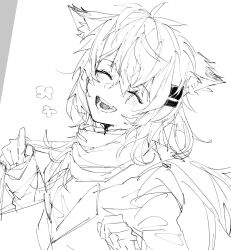 Rule 34 | 1girl, :d, ^ ^, alternate costume, animal ears, arknights, closed eyes, facing viewer, greyscale, hair ornament, hairclip, highres, jacket, lappland (arknights), monochrome, open mouth, sato (lappysuki), scar, scar across eye, scarf, school uniform, simple background, sketch, smile, solo, upper body