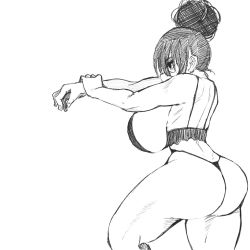 Rule 34 | 1girl, ass, bikini, breasts, erotic x anabolic, hair bun, highres, huge ass, large breasts, mitsukura itsuha, monochrome, sketch, solo, swimsuit, thick thighs, thighs, thong, wide hips