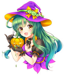 Rule 34 | 1girl, ahoge, bad id, bad pixiv id, blush, bow, breasts, choker, cleavage, collarbone, dress, eyebrows, fang, gloves, green hair, halloween, hat, holding, jack-o&#039;-lantern, long hair, looking at viewer, medium breasts, moyon, open mouth, pinky out, puffy short sleeves, puffy sleeves, pumpkin, ribbon, short sleeves, simple background, solo, spoon, touhoku zunko, upper body, vocaloid, white background, witch hat, yellow bow, yellow eyes