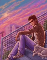 Rule 34 | 1boy, 1other, absurdres, arm on knee, bandage on face, bandages, brown eyes, brown hair, brown jacket, bush, cat, chain-link fence, cityscape, closed mouth, cloud, cloudy sky, denim, expressionless, fence, hazuki ryou, highres, jacket, jeans, knee up, looking at viewer, open hand, outdoors, pants, purple sky, shenmue, shenmue i, shirt, shoes, sideburns, signature, sitting, sky, sliverofsand, sneakers, spiked hair, stairs, sunset, t-shirt, thick eyebrows, white footwear, white shirt
